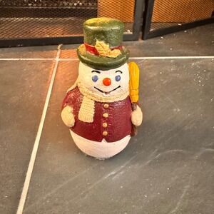 Vintage Hand Painted Snowman Figurine Top Hat Broom Autumn Fall Decoration